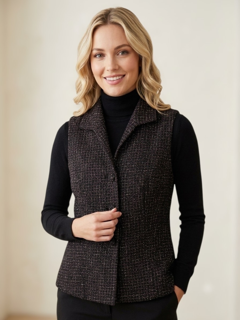 Jones New York Black Tweed Button-Front Vest